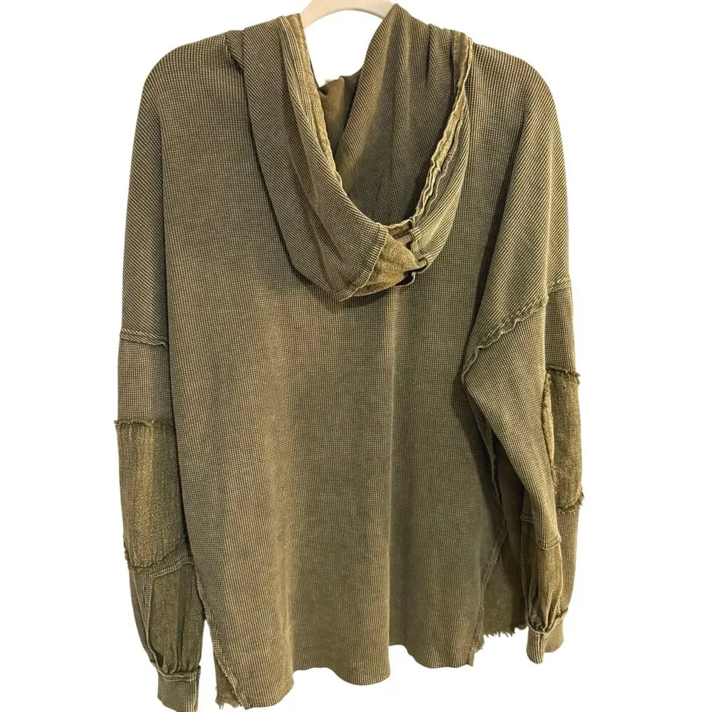 NWOT Easel Sz L Green Mineral Wash Hooded Shacket Waffle Knit mixed Media Grunge - Picture 2 of 8